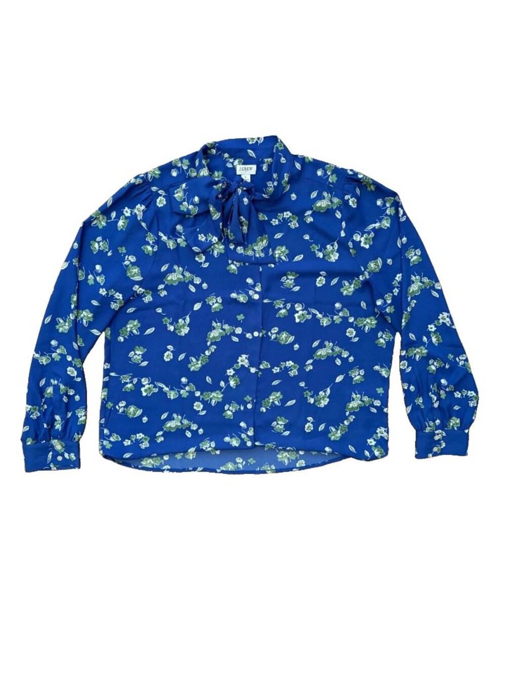 J.CREW Blouse Womens Large Blue Floral Tie Neck Button Long Sleeve Top
